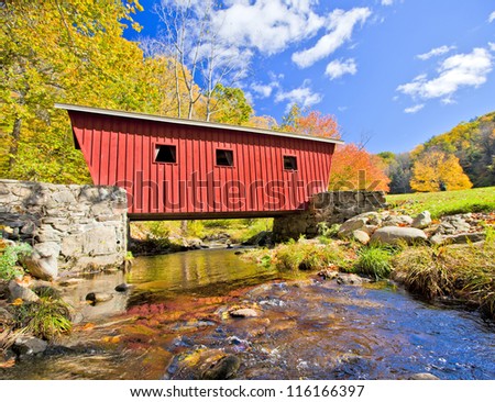 Typical new England covered bridge in the fall