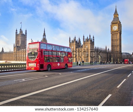 London - Dec 21: Iconic London Bus Crossing Westminster Bridge In The United Kingdom December 21, 2009 In London, England