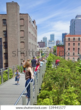 NEW YORK CITY - JUN 3: High Line Park in NYC seen on June 3rd, 2012.The High Line is a public park built on an historic freight rail line elevated above the streets on Manhattans West Side.