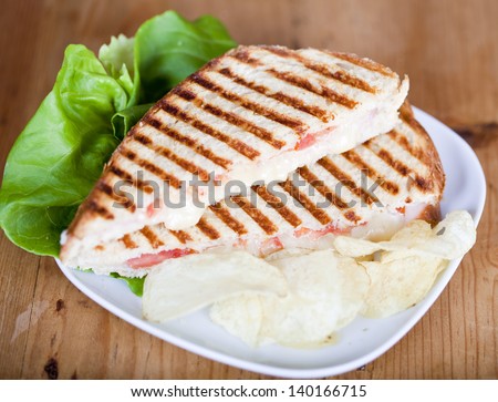 Fresh toasted panini cheese and ham sandwich with grill marks