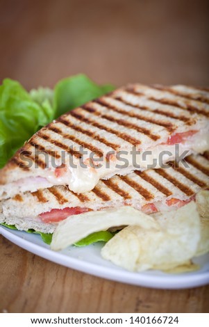 Fresh toasted panini cheese and ham sandwich with grill marks
