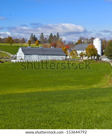 Generic looking colonial style dairy farm in New England, America