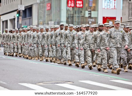 NEW YORK, NY, USA - MAR 16:  Military at the St. Patrick\'s Day Parade on March 16, 2013 in New York City, United States.