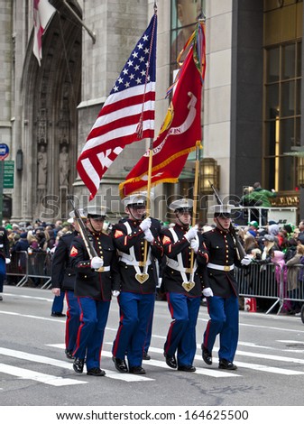 NEW YORK, NY, USA - MAR 16: Marines at the St. Patrick\'s Day Parade on March 16, 2013 in New York City, United States.