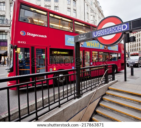LONDON, UK - AUG 22, 2014: London Underground entrance and signage, a famous London icon.