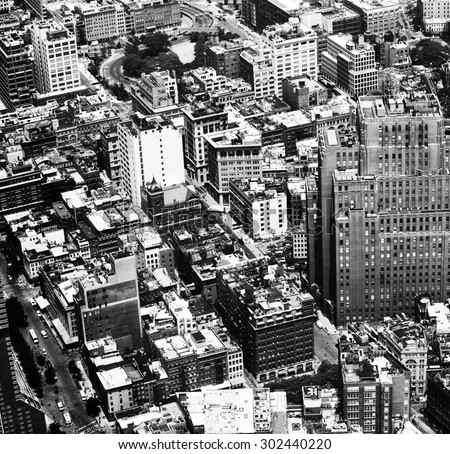 Aerial view in high contrast black and white of New York City