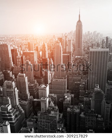New York skyline black and white with added sun light effect