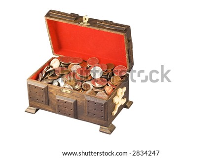 Money in a wooden chest isolated on white