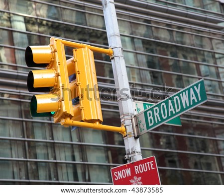 Traffic light and Broadway sign in New York