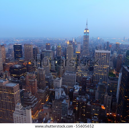 New York City skyline at sunset on a hazy day