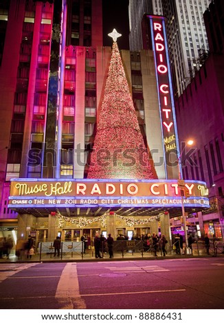 NEW YORK CITY - OCT 13: Radio City Music Hall, is the worlds largest indoor theater displaying this years Christmas tree decoration, October 13th, 2011 in Manhattan, New York City.