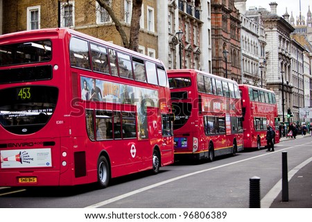 London, England Feb 17: Iconic Red Buses On