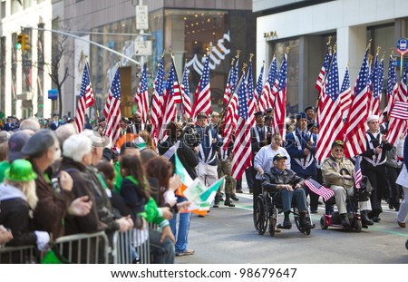 NEW YORK, NY, USA - MAR 17: Unites States Military veterans at the St. Patrick\'s Day Parade on March 17, 2012 in New York City, United States.