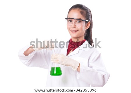 female medical or scientific researcher holding at a liquid solution in a lab.