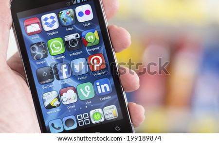 BELGRADE JUNE 17 2014 Popular Social media icons on smart phone screen BELGRADE JUNE 17 2014 Popular Social media icons on smart phone screen