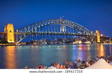SYDNEY - DEC 26: Night view of Sydney Harbour Bridge in Sydney, Australia on December 26,2011. The Harbour Bridge is the world\'s widest long-span bridge.