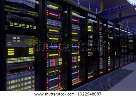 Working data center interior. Concept of hosting, computer cluster, supercomputer, virtual servers, digital cloud or mining crypto currency farm.