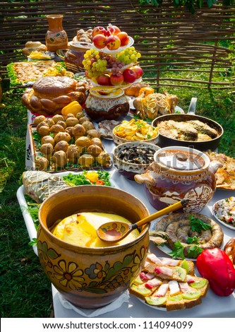 Traditional ukrainian food in assortment in festive decorating on the table