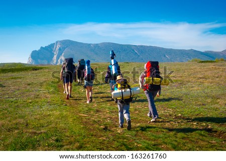 Hikers group trekking in Crimea mountains