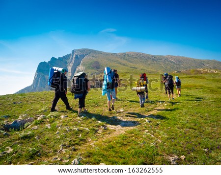 Hikers Group Trekking In Crimea Mountains
