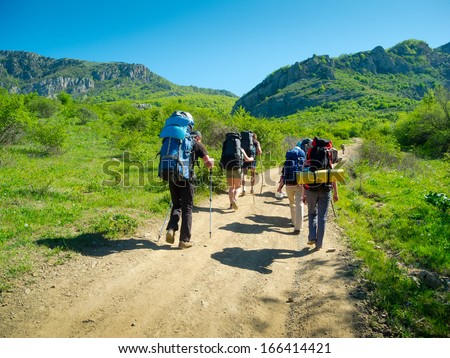 Hikers group trekking in Crimea mountains