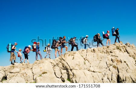 Hikers Group Trekking In Crimea Mountains