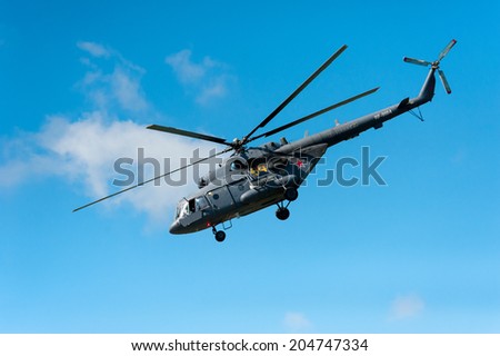 BIG ZAVIDOVO, RUSSIA - JULY 5: Military helicopter makes show at open-air rock festival \