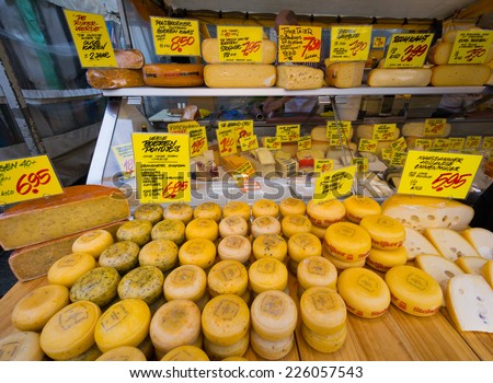 AMSTERDAM - AUGUST 30: Great choice of cheese on the market on August 30, 2014 in Amsterdam.