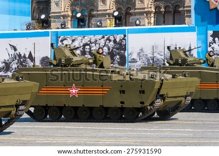 MOSCOW - MAY 7: Soldiers in military vehicles participate at last rehearsal of parade dedicated to the 70th anniversary of the victory in the Second World War in Red Square on May 7, 2015 in Moscow