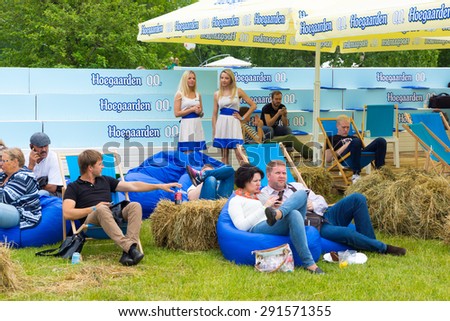 MOSCOW - JUNE 21, 2015: Hoegaarden makes non-alcoholic beer promotion campaign on XII International Jazz Festival \