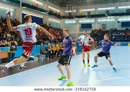 CHEKHOV, RUSSIA - SEPTEMBER 17: Young men playing handball on September 17, 2015 in Chekhov, Russia. Champions League. \