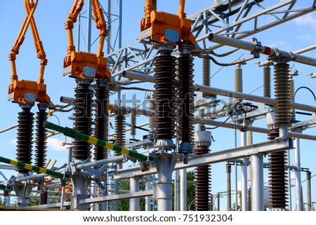 Isolators and transformers at the electrical substation. Electrical equipment