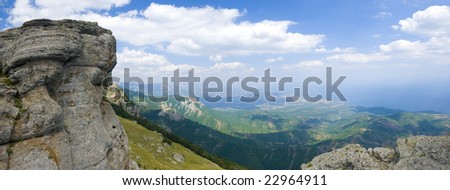 Crimea mountains in july. Horisontal panoramic landscape.