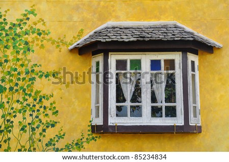 Window on yellow wall with ivy