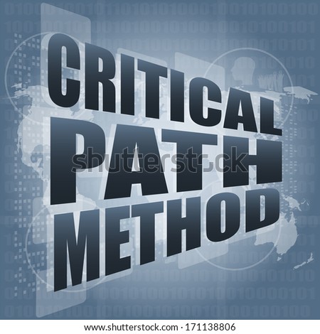 critical path method words on digital screen with world map