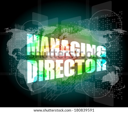 managing directors words on digital screen background with world map, business card
