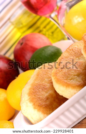Christmas sweet cake with fruit and drinks