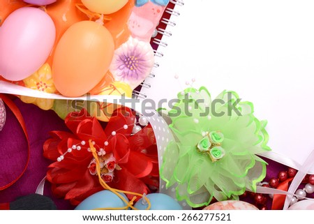 Easter background with eggs, easter ribbons,  easter spring decoration, easter holiday concept