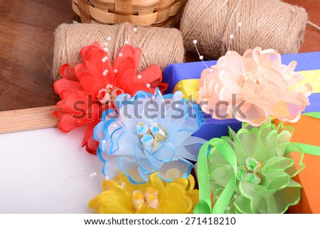 holiday background with flowers, gift boxes, ribbons and decoration, holiday wedding birthday gift box, happy mothers day