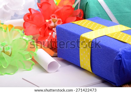 holiday background with flowers, gift boxes, ribbons and decoration, holiday wedding birthday gift box, happy mothers day