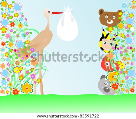 cartoon animals and baby viewing stork with bag wallpaper. vector