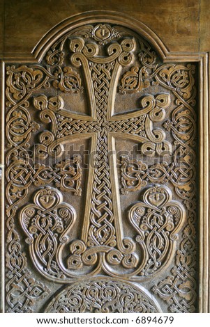 cross on the door of monastery- Gandzasar: St. John\'s Monastery,Nagorno Karabakh