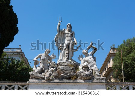 Neptune, the Roman God of Water, sculpture on the Fontana del Nettuno fountain, Piazza del Popolo square, old city centre, Rome