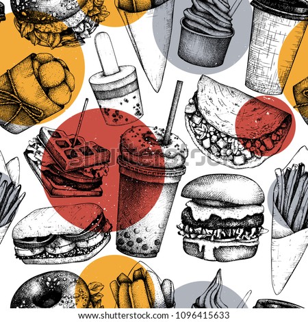 Seamless pattern with hand drawn fast food illustrations. Vintage background for restaurant, cafe or food truck menu. \
Engraved style elements - burgers, ice cream, milkshake, fries, tacos drawings.