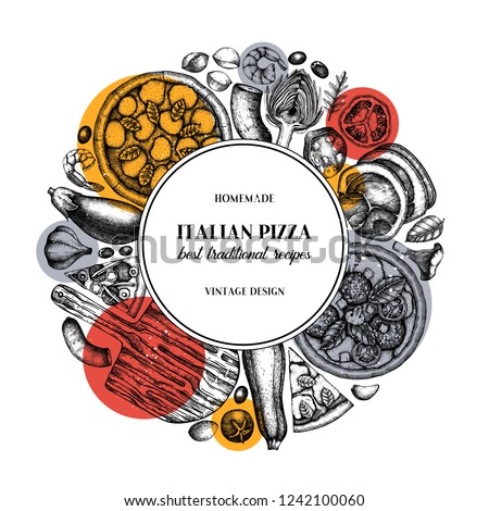Fast food art. Vintage Pizza illustration.  Engraved style design with vector drawing for logo, icon, label, packaging, poster. Street food festival menu template.
