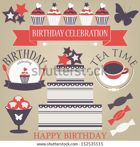 Vector set of celebration or holiday icons in vintage colors. Birthday icons collection.