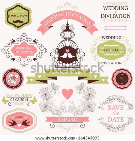 Vector collection of decorative wedding design elements. Vintage set of holiday objects and signs.