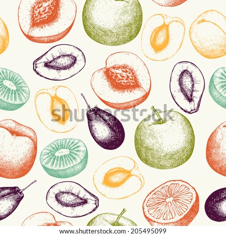 Vector seamless pattern with ink hand drawn fruits and berries for food and restaurant design. Vintage fruit background for restaurant and vegetarian food.