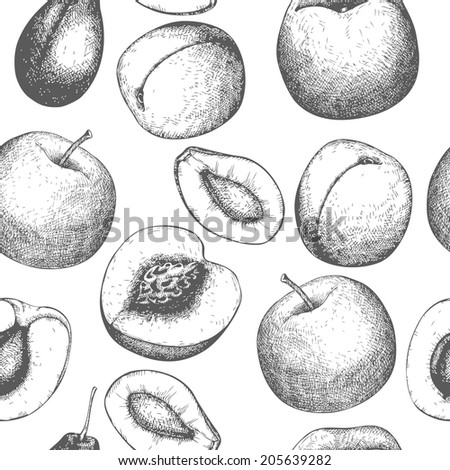 Vector seamless pattern with ink hand drawn fruits for food and restaurant design. Vintage fruit background for vegetarian food.