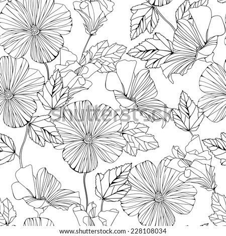Seamless pattern with decorative hibiscus flowers isolated on white. Vector delicate background.